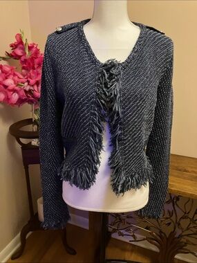 White House Black Market Navy Fringed Open Knit Cardigan